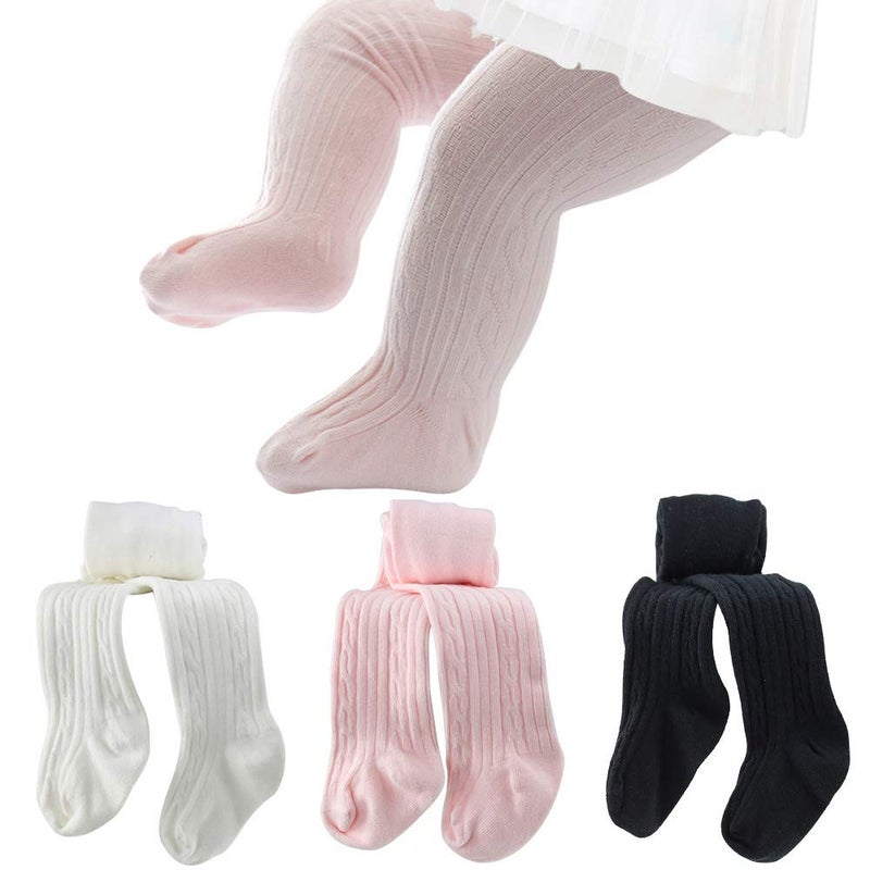techcity Baby Girls Tights Toddler Seamless Leggings Cable Knit Cotton Pants Stockings (Pack of 3) (3 Pack Black White Pink, 3-12 Months) - Image 2